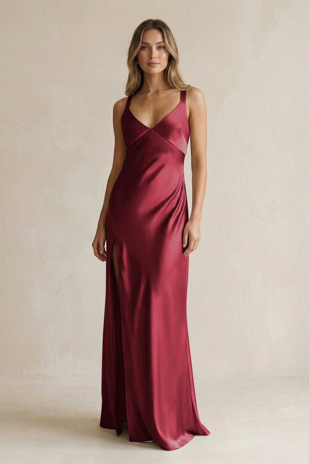 V-Neck Sheath Satin Bridesmaid Dress With Slit in Burgundy