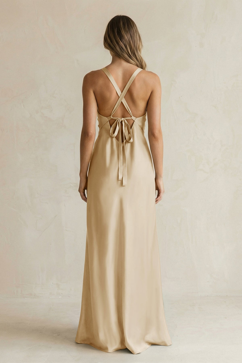 V-Neck Sheath Satin Bridesmaid Dress With Slit in Champagne