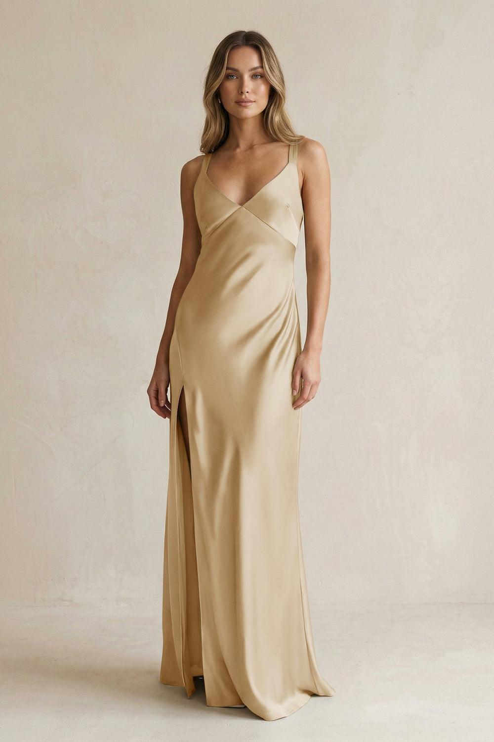 V-Neck Sheath Satin Bridesmaid Dress With Slit in Champagne