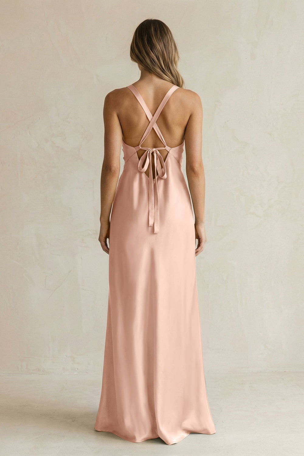 V-Neck Sheath Satin Bridesmaid Dress With Slit in Champagne Rose