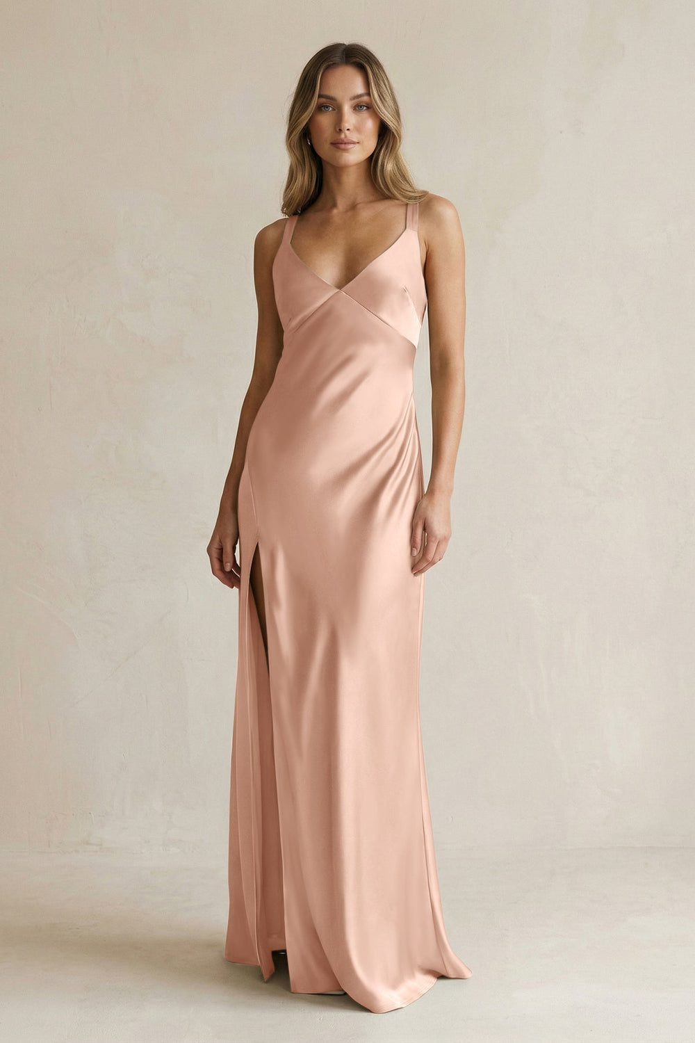 V-Neck Sheath Satin Bridesmaid Dress With Slit in Champagne Rose