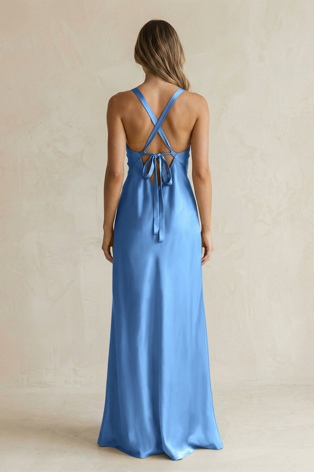 V-Neck Sheath Satin Bridesmaid Dress With Slit in Dusty Blue