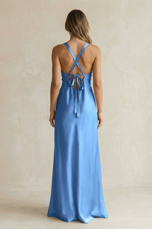 V - Neck Sheath Satin Bridesmaid Dress With Slit in Dusty Blue - KISS BRIDAL Bridesmaid Dresses