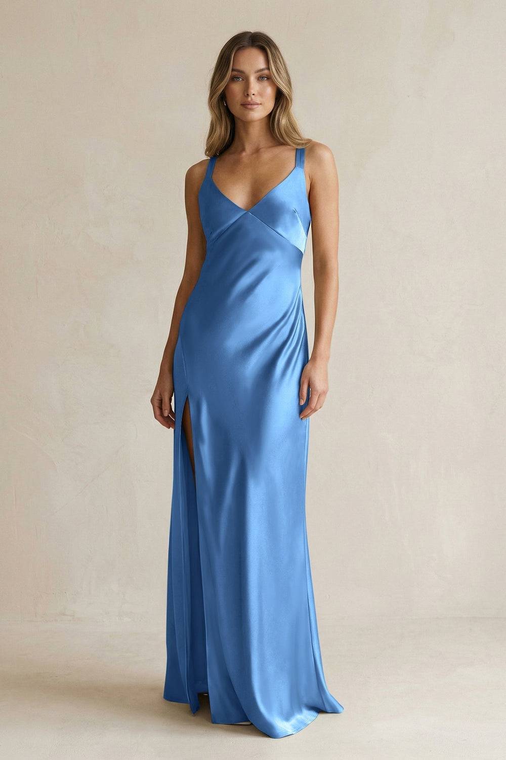 V-Neck Sheath Satin Bridesmaid Dress With Slit in Dusty Blue