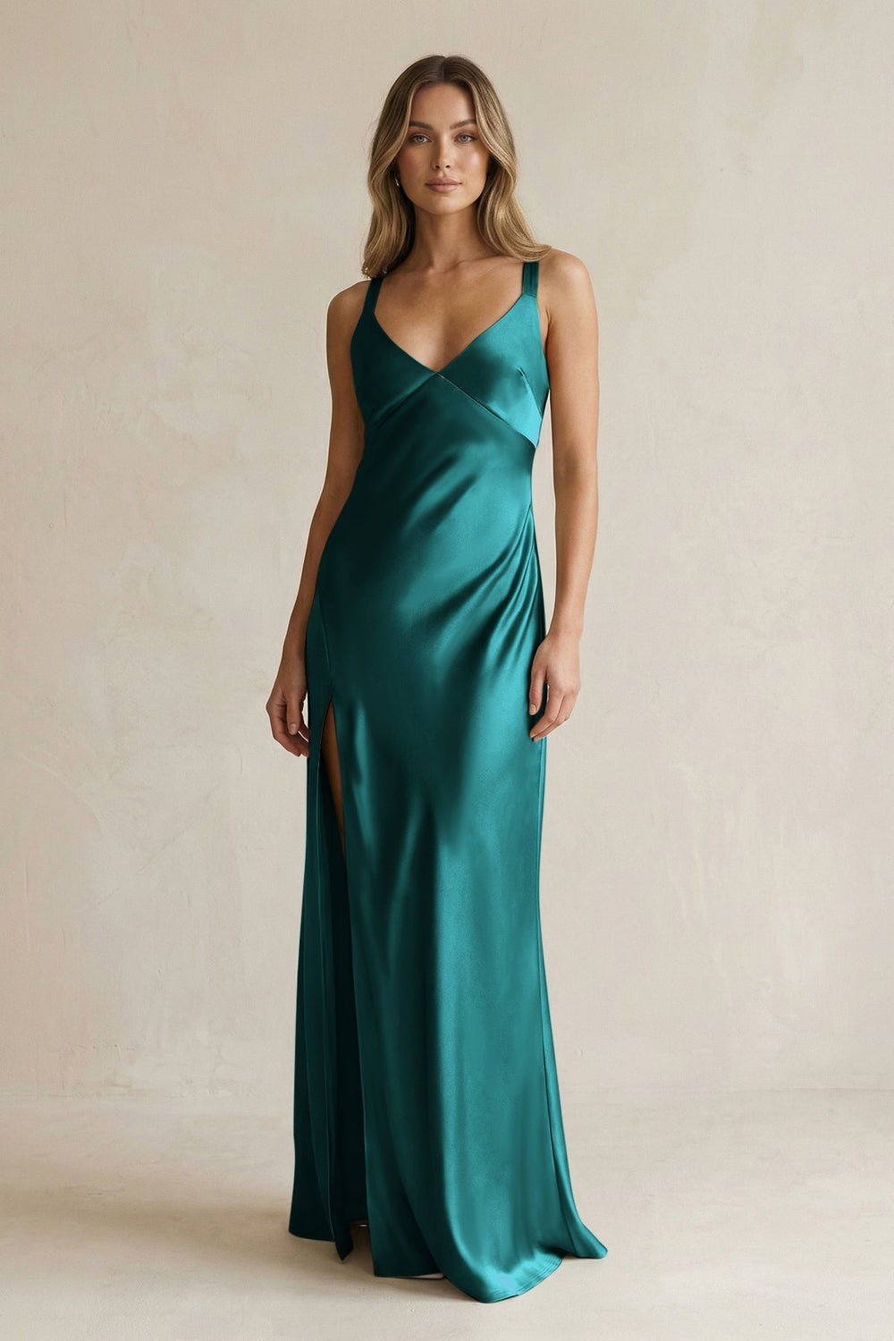 V-Neck Sheath Satin Bridesmaid Dress With Slit in Emerald