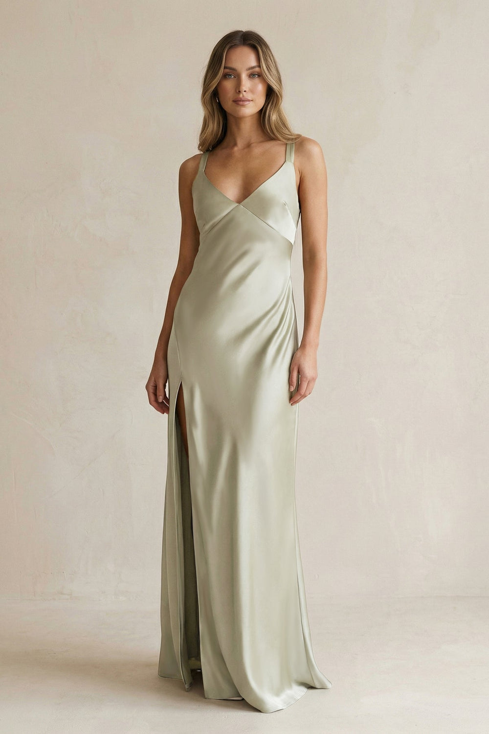 V-Neck Sheath Satin Bridesmaid Dress With Slit in Frost