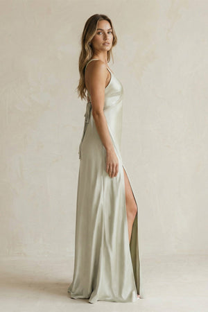 V - Neck Sheath Satin Bridesmaid Dress With Slit in Frost - KISS BRIDAL Bridesmaid Dresses