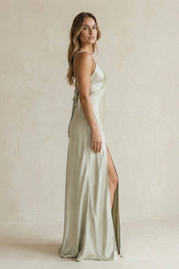 V - Neck Sheath Satin Bridesmaid Dress With Slit in Frost - KISS BRIDAL Bridesmaid Dresses