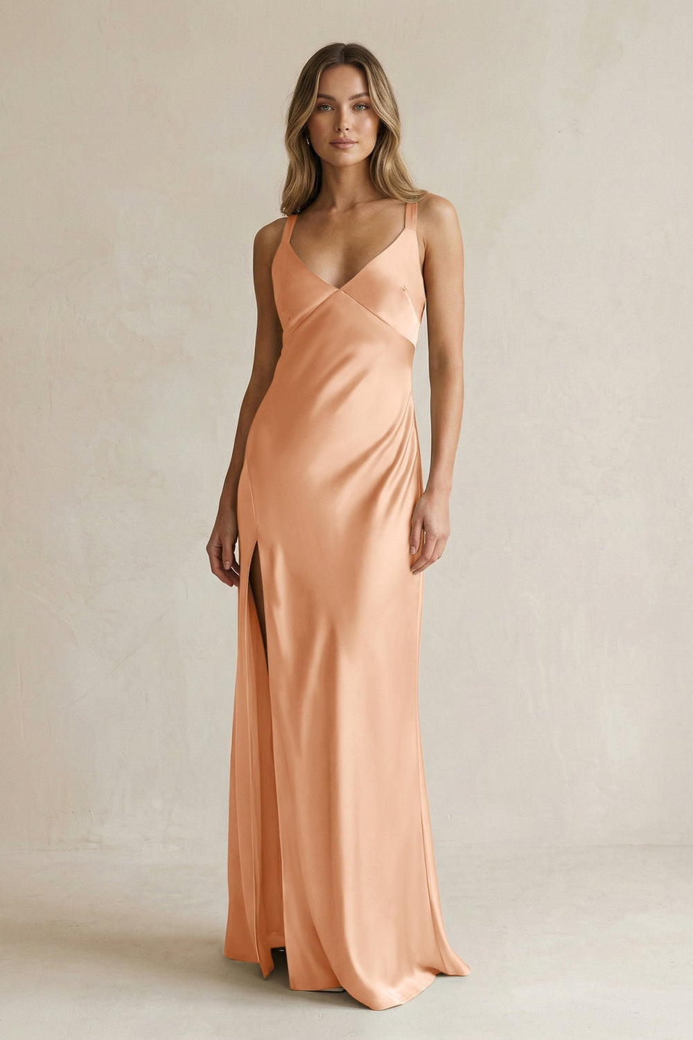 V-Neck Sheath Satin Bridesmaid Dress With Slit in Golden Champagne