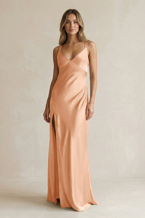 V - Neck Sheath Satin Bridesmaid Dress With Slit in Golden Champagne - KISS BRIDAL Bridesmaid Dresses