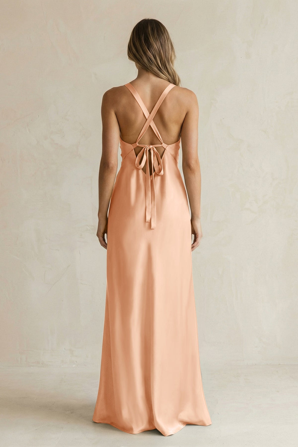 V-Neck Sheath Satin Bridesmaid Dress With Slit in Golden Champagne