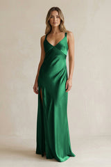 V - Neck Sheath Satin Bridesmaid Dress With Slit in Green - KISS BRIDAL Bridesmaid Dresses