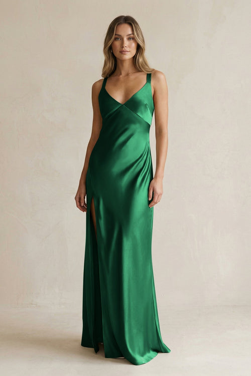 V - Neck Sheath Satin Bridesmaid Dress With Slit in Green - KISS BRIDAL Bridesmaid Dresses
