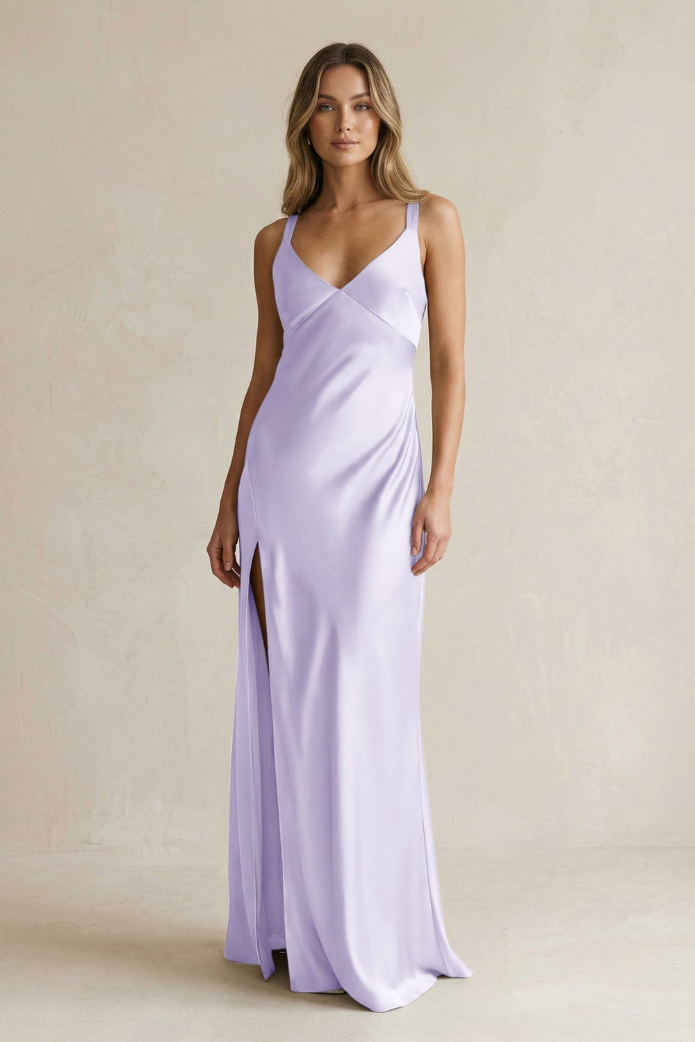 V-Neck Sheath Satin Bridesmaid Dress With Slit in Lavender