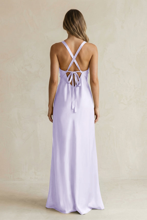 V - Neck Sheath Satin Bridesmaid Dress With Slit in Lavender - KISS BRIDAL Bridesmaid Dresses