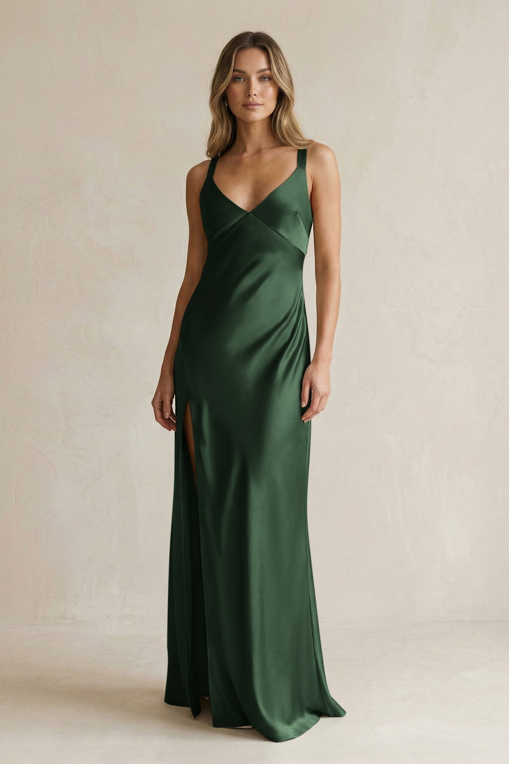 V-Neck Sheath Satin Bridesmaid Dress With Slit in Moss