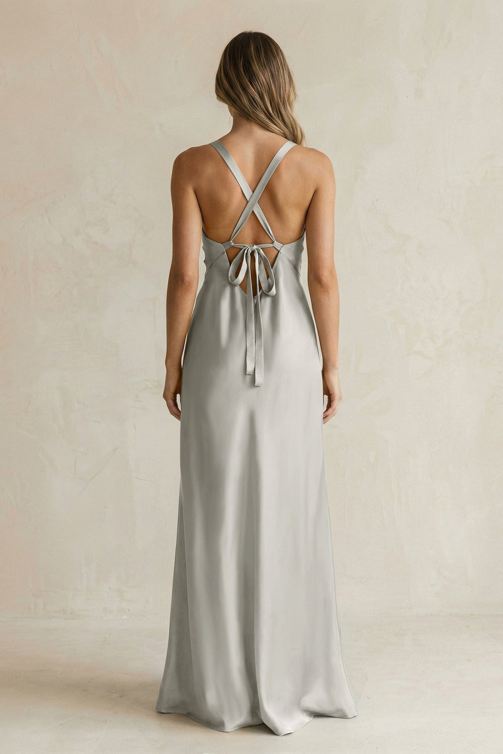 V-Neck Sheath Satin Bridesmaid Dress With Slit in Silver