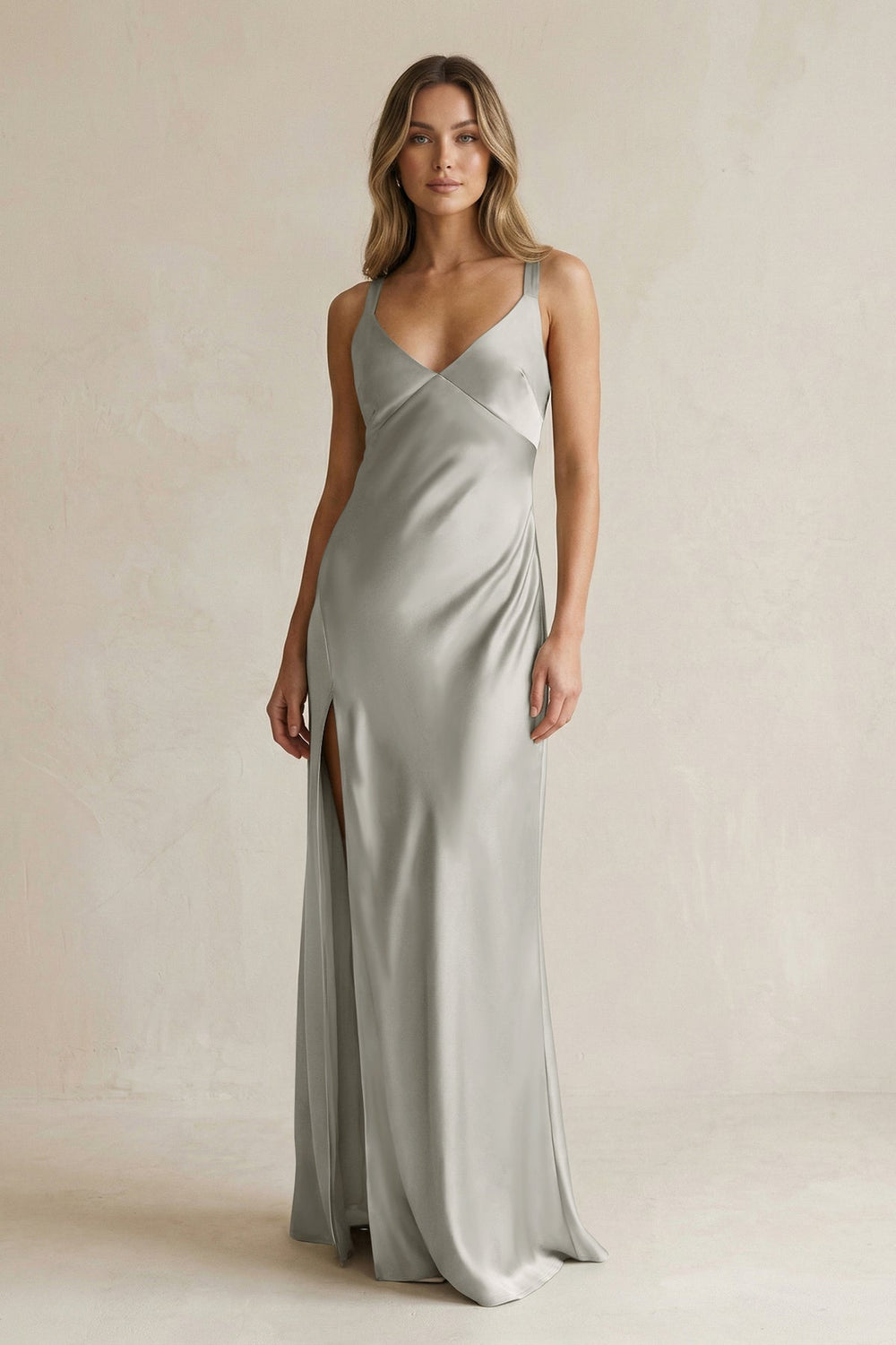 V-Neck Sheath Satin Bridesmaid Dress With Slit in Silver