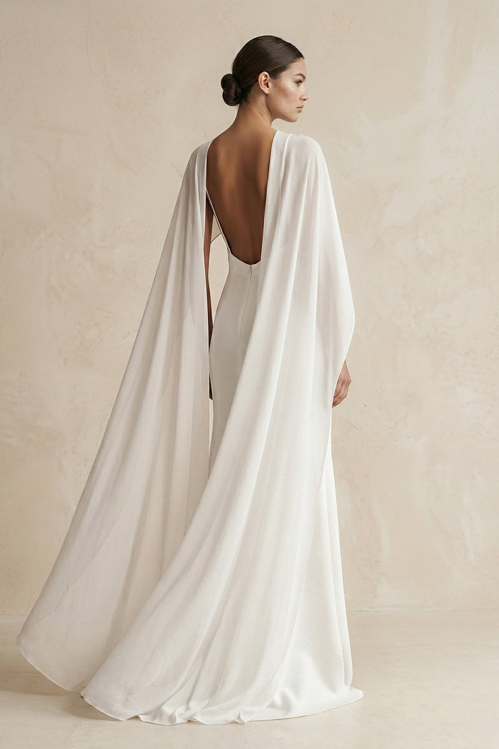 V-neck Sheath Satin Detachable Cape Wedding Dress in White