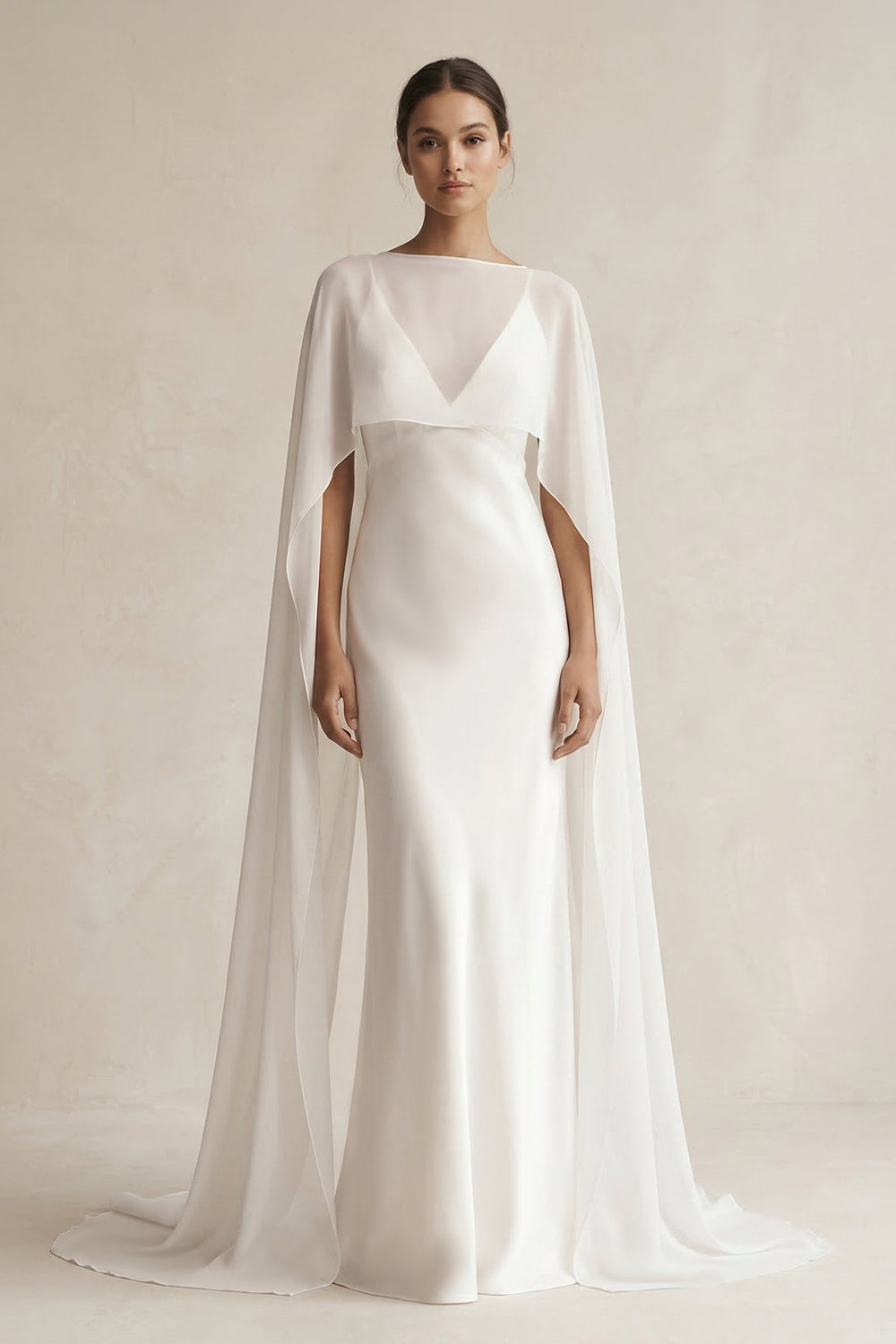 V-neck Sheath Satin Detachable Cape Wedding Dress in White