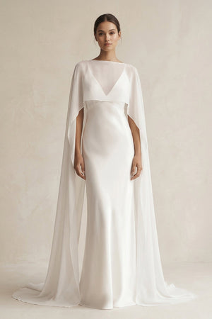 V - neck Sheath Satin Detachable Cape Wedding Dress in White - KISS BRIDAL Wedding Dresses