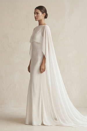 V - neck Sheath Satin Detachable Cape Wedding Dress in White - KISS BRIDAL Wedding Dresses