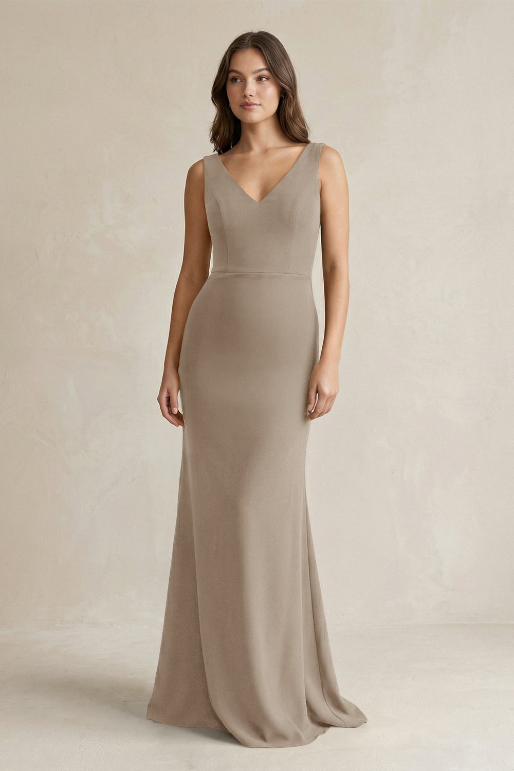 V-Neck Sheath Satin Maxi Bridesmaid Dress in Almond