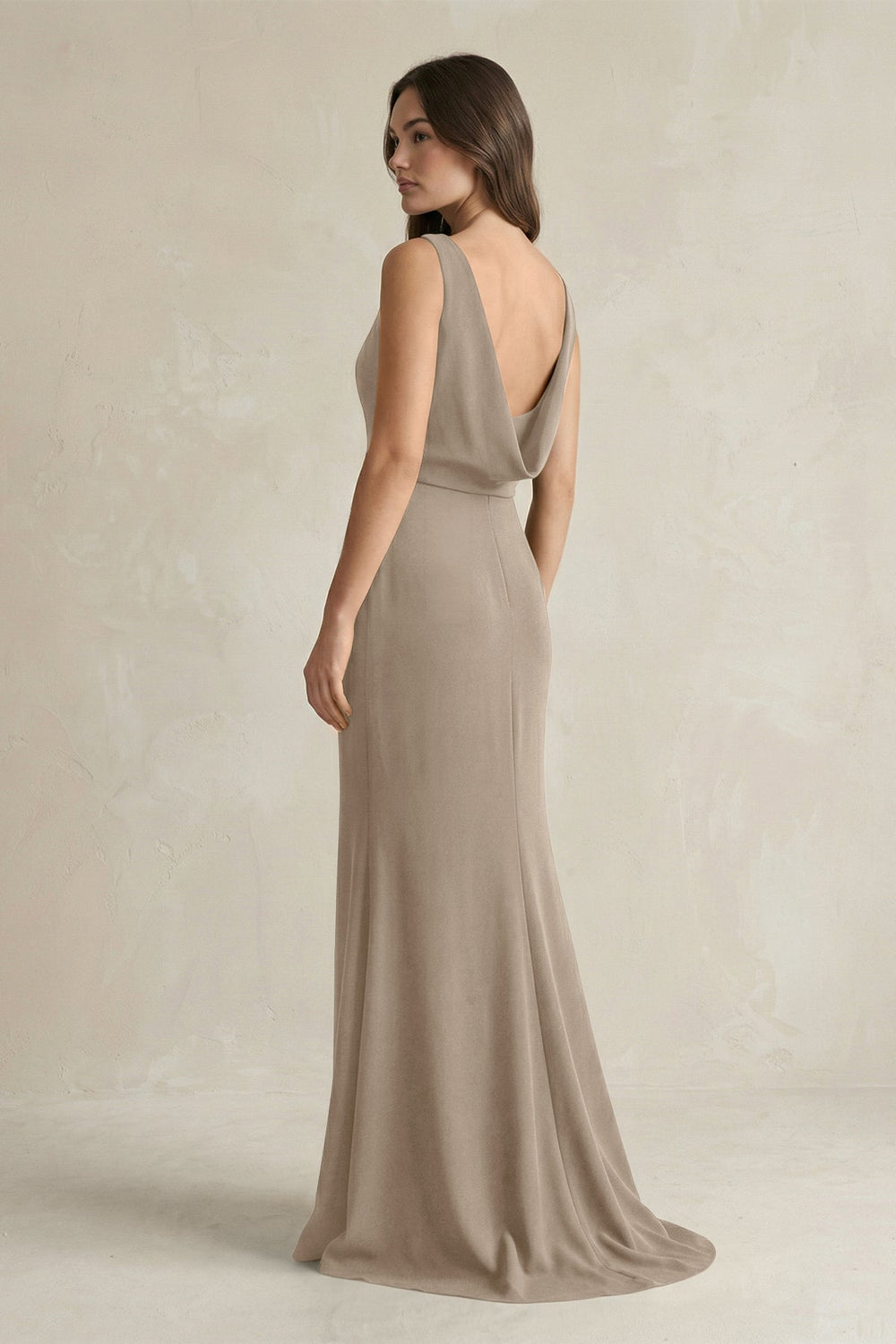 V-Neck Sheath Satin Maxi Bridesmaid Dress in Almond