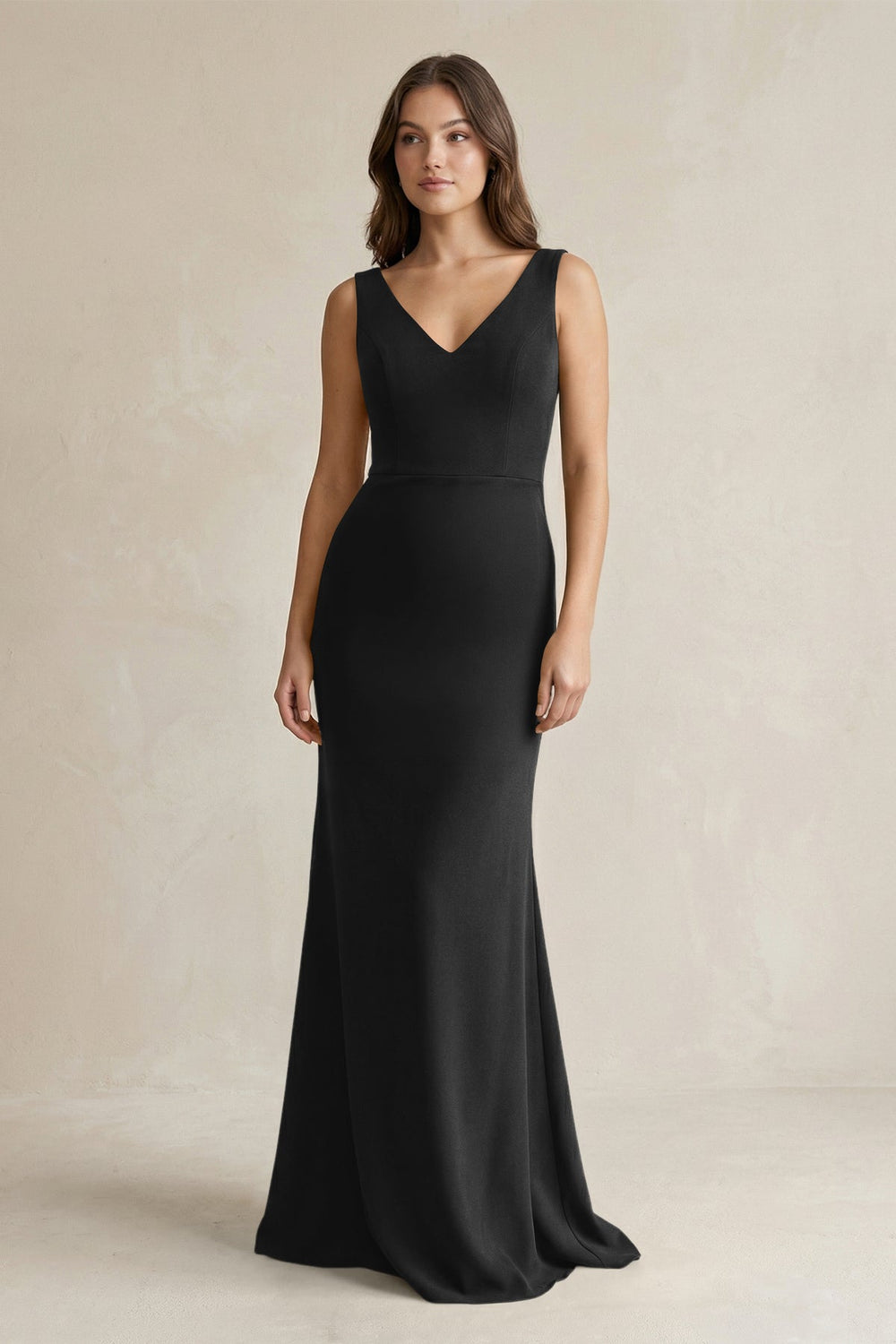 V-Neck Sheath Satin Maxi Bridesmaid Dress in Black