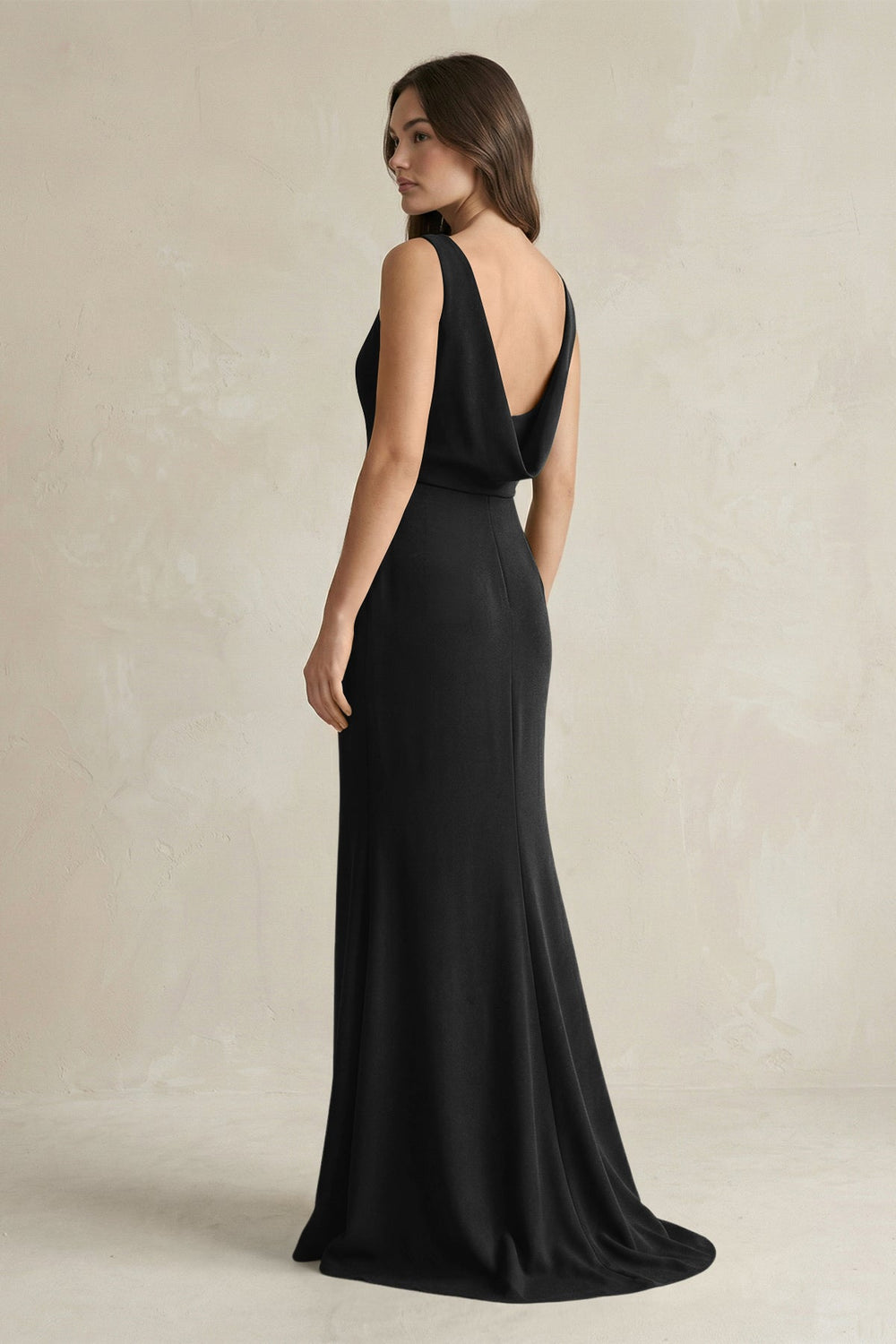 V-Neck Sheath Satin Maxi Bridesmaid Dress in Black
