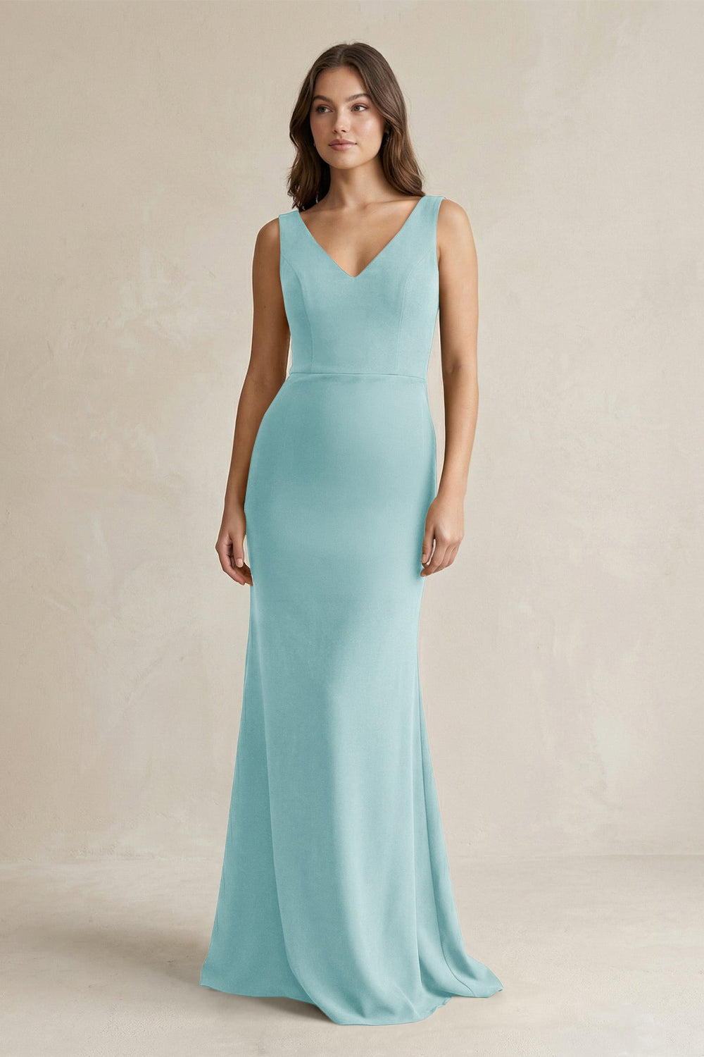 V-Neck Sheath Satin Maxi Bridesmaid Dress in Bleached Aqua