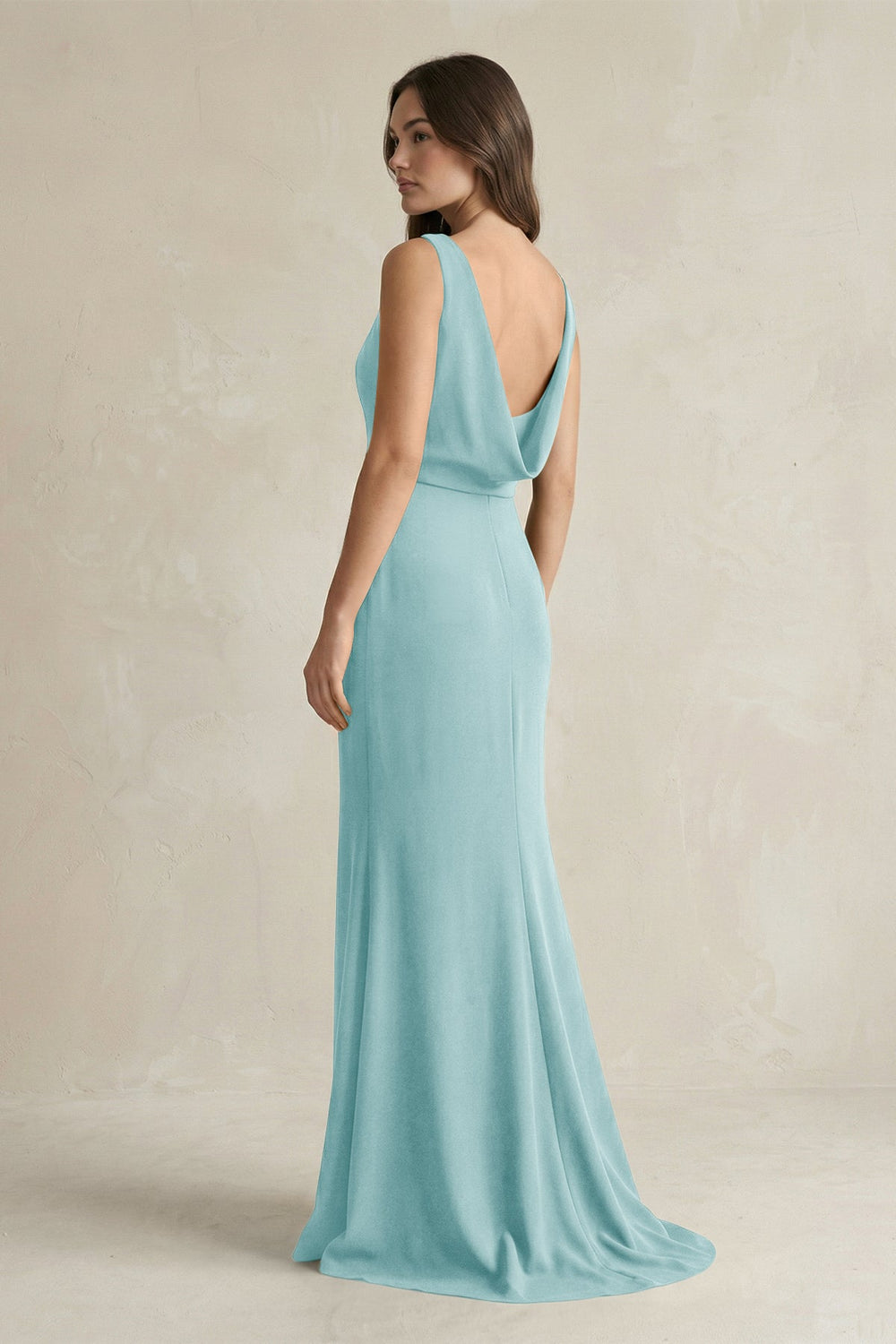 V-Neck Sheath Satin Maxi Bridesmaid Dress in Bleached Aqua