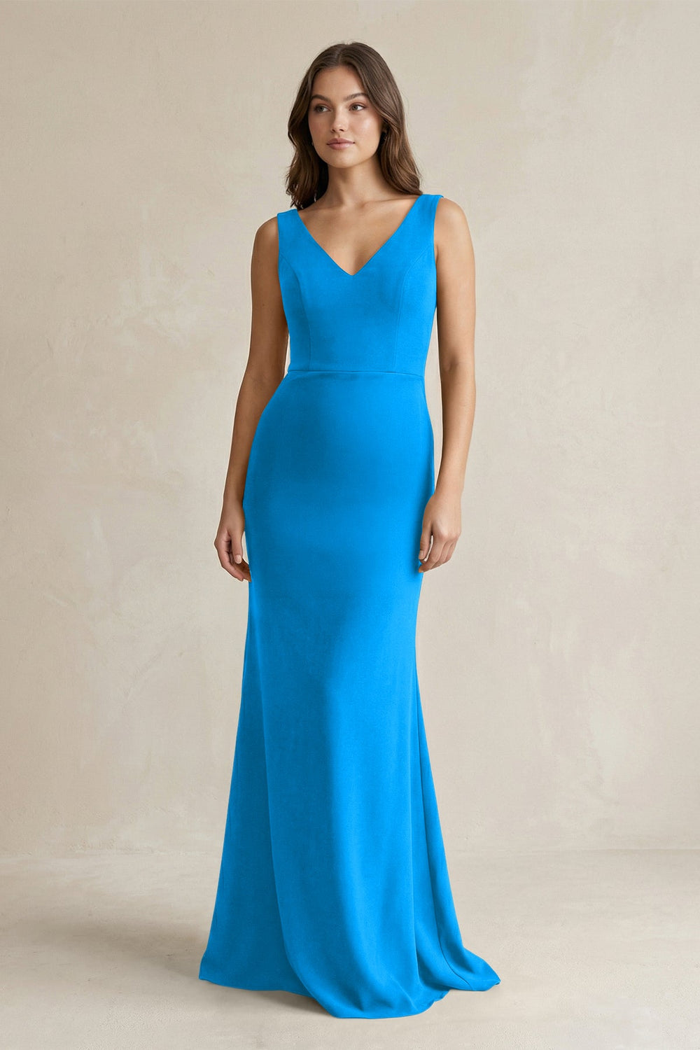 V-Neck Sheath Satin Maxi Bridesmaid Dress in Blue Jay