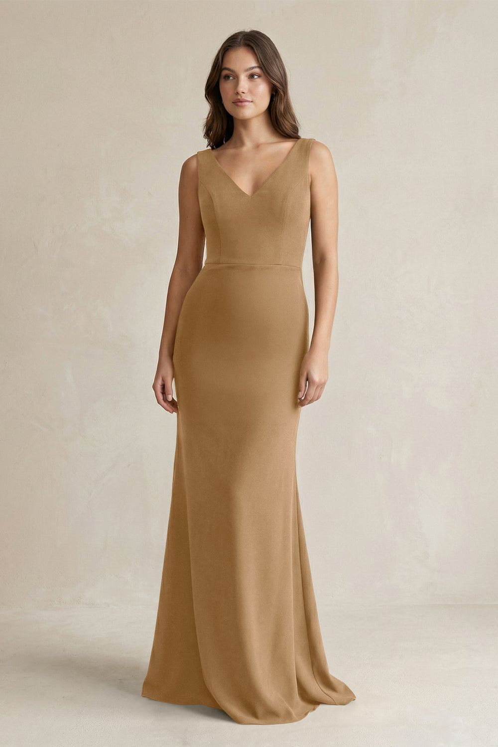 V-Neck Sheath Satin Maxi Bridesmaid Dress in Bronzer