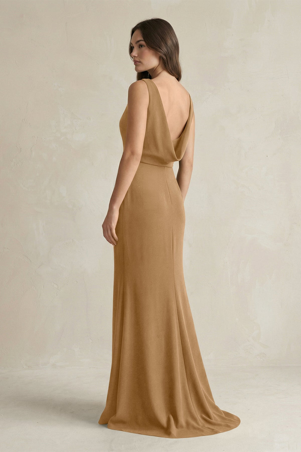 V-Neck Sheath Satin Maxi Bridesmaid Dress in Bronzer