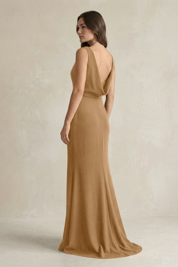 V - Neck Sheath Satin Maxi Bridesmaid Dress in Bronzer - KISS BRIDAL Bridesmaid Dresses