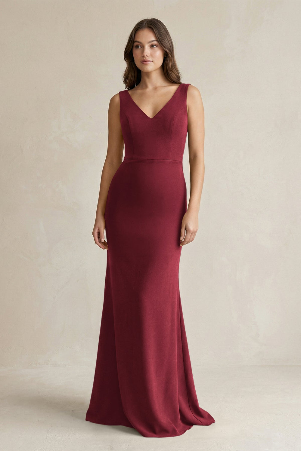 V-Neck Sheath Satin Maxi Bridesmaid Dress in Burgundy