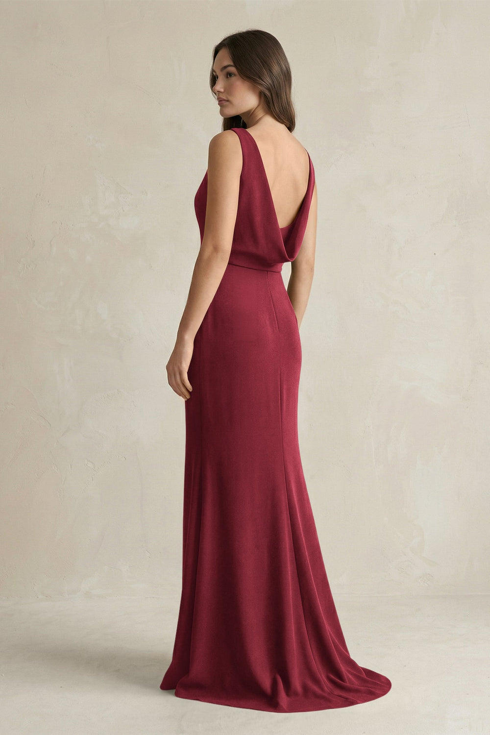 V-Neck Sheath Satin Maxi Bridesmaid Dress in Burgundy