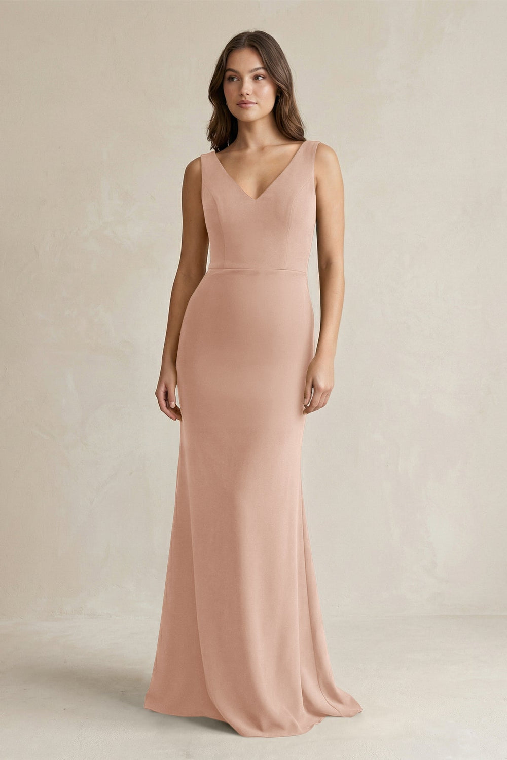 V-Neck Sheath Satin Maxi Bridesmaid Dress in Champagne Rose