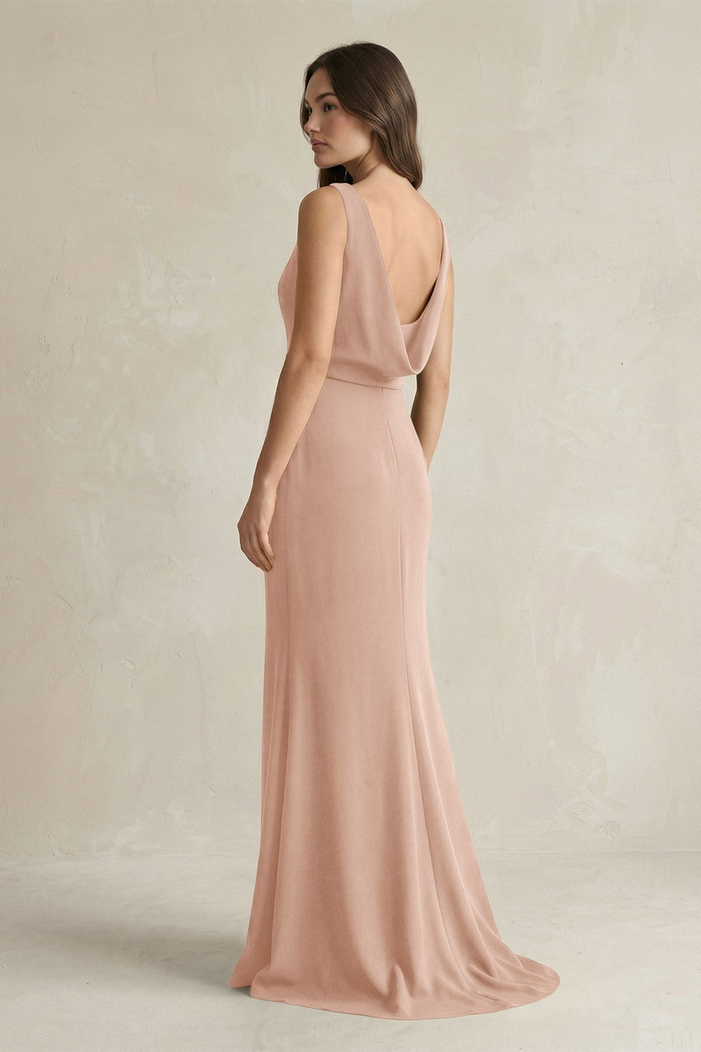 V-Neck Sheath Satin Maxi Bridesmaid Dress in Champagne Rose