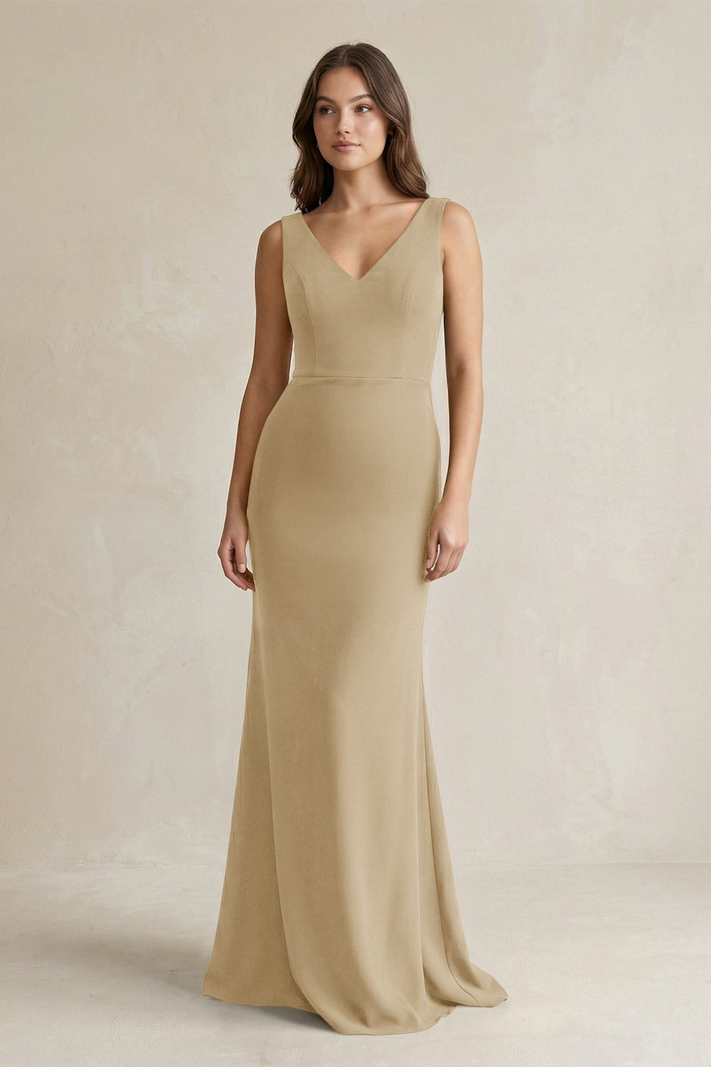 V-Neck Sheath Satin Maxi Bridesmaid Dress in Champagne