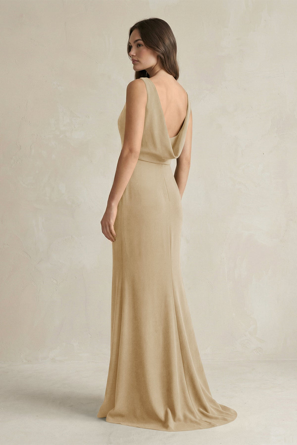 V-Neck Sheath Satin Maxi Bridesmaid Dress in Champagne