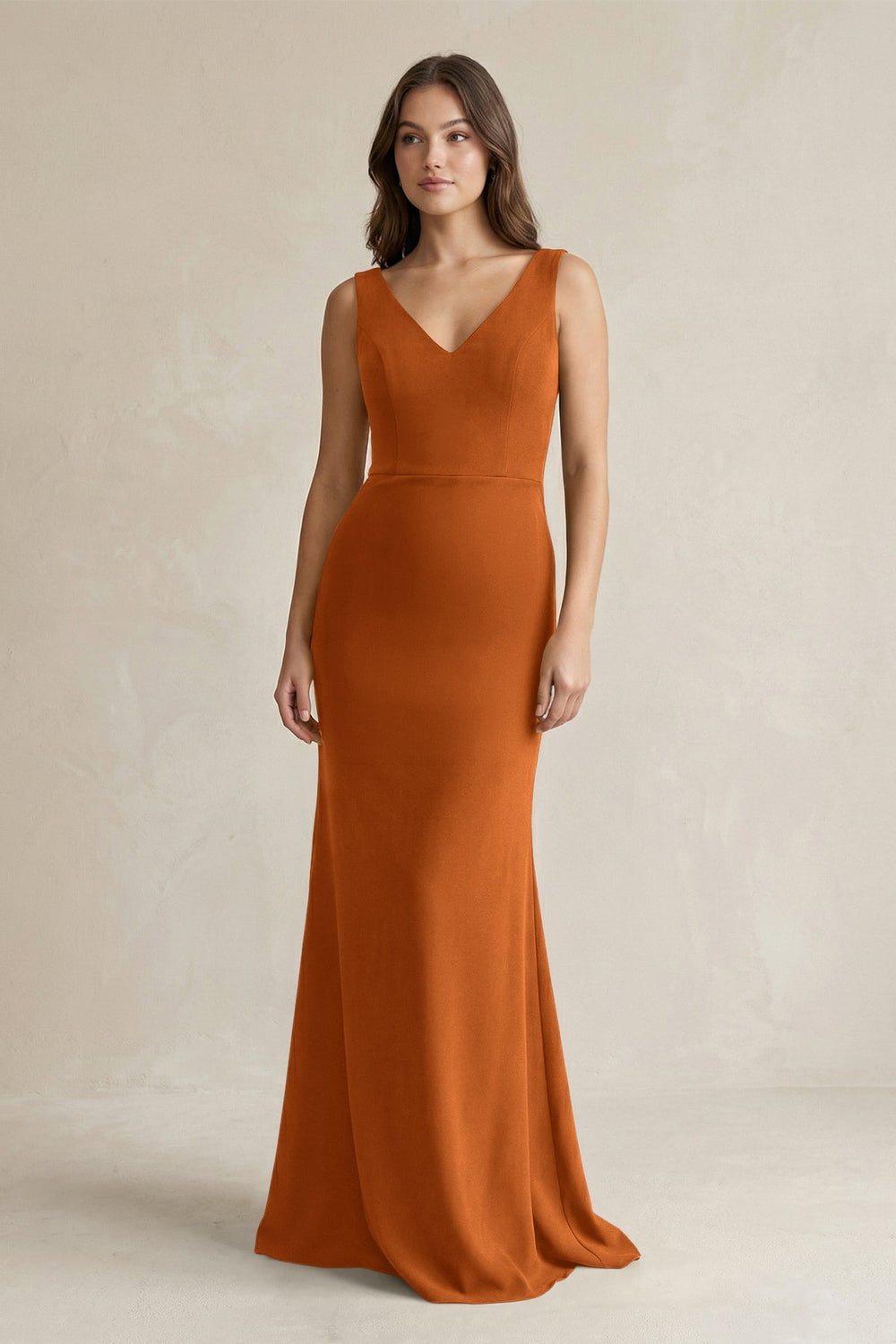 V-Neck Sheath Satin Maxi Bridesmaid Dress in Cinnamon