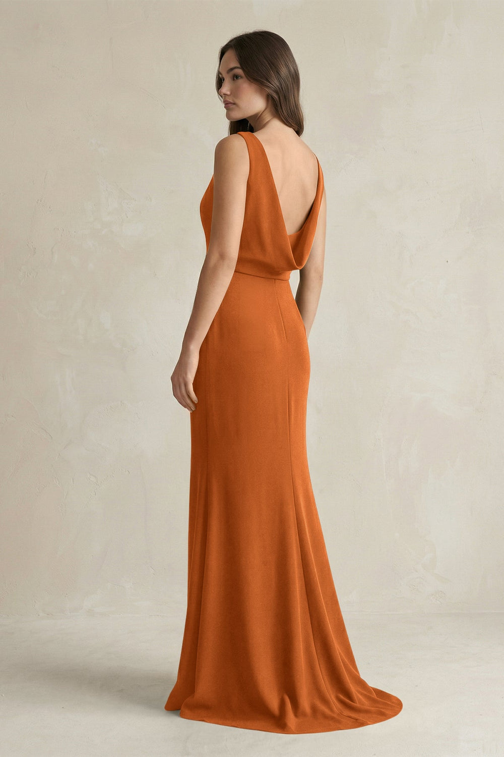 V-Neck Sheath Satin Maxi Bridesmaid Dress in Cinnamon