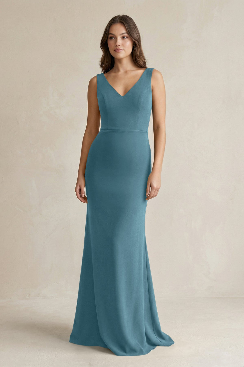 V-Neck Sheath Satin Maxi Bridesmaid Dress in Dark Teal