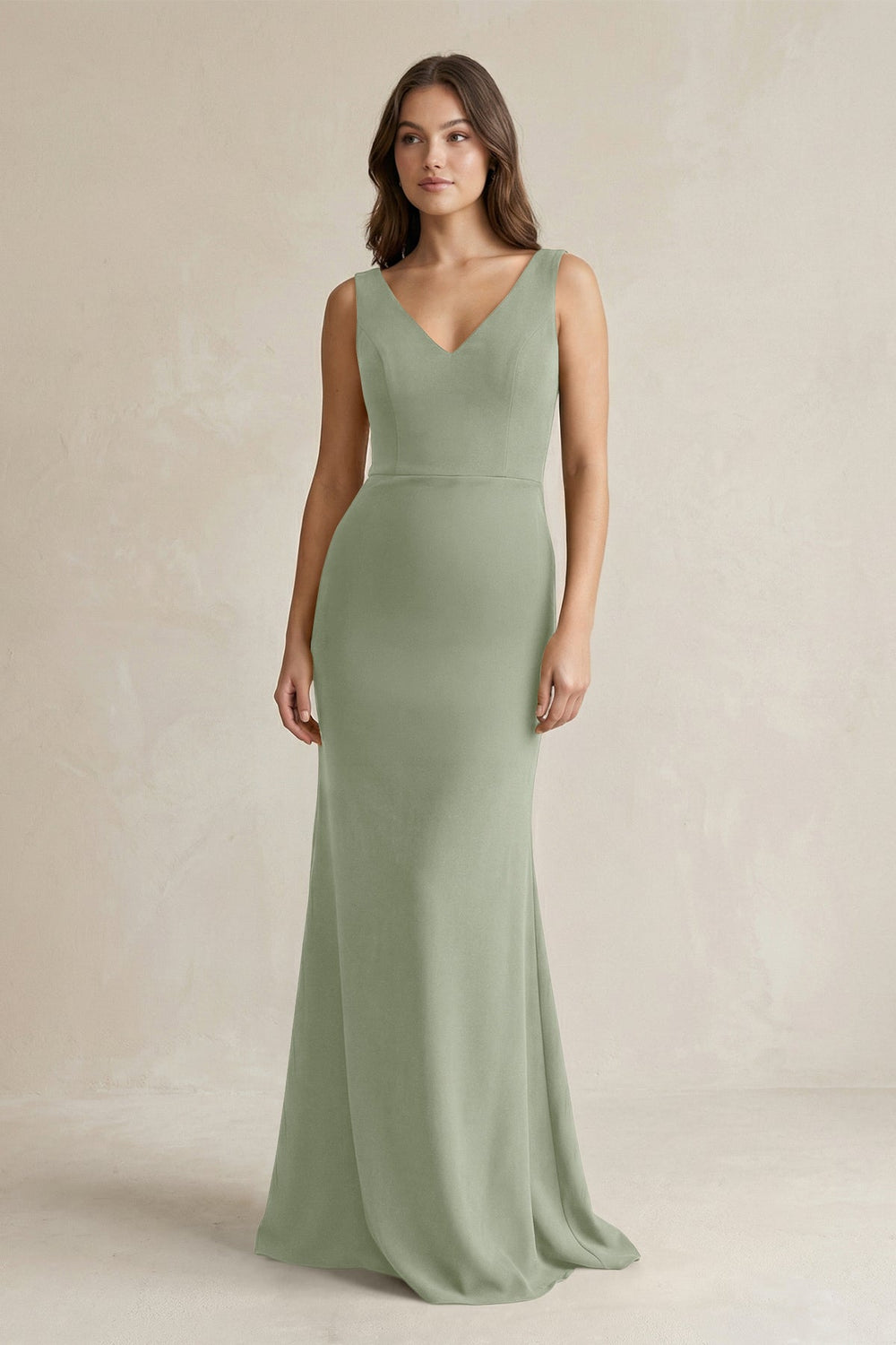V-Neck Sheath Satin Maxi Bridesmaid Dress in Dove Gray