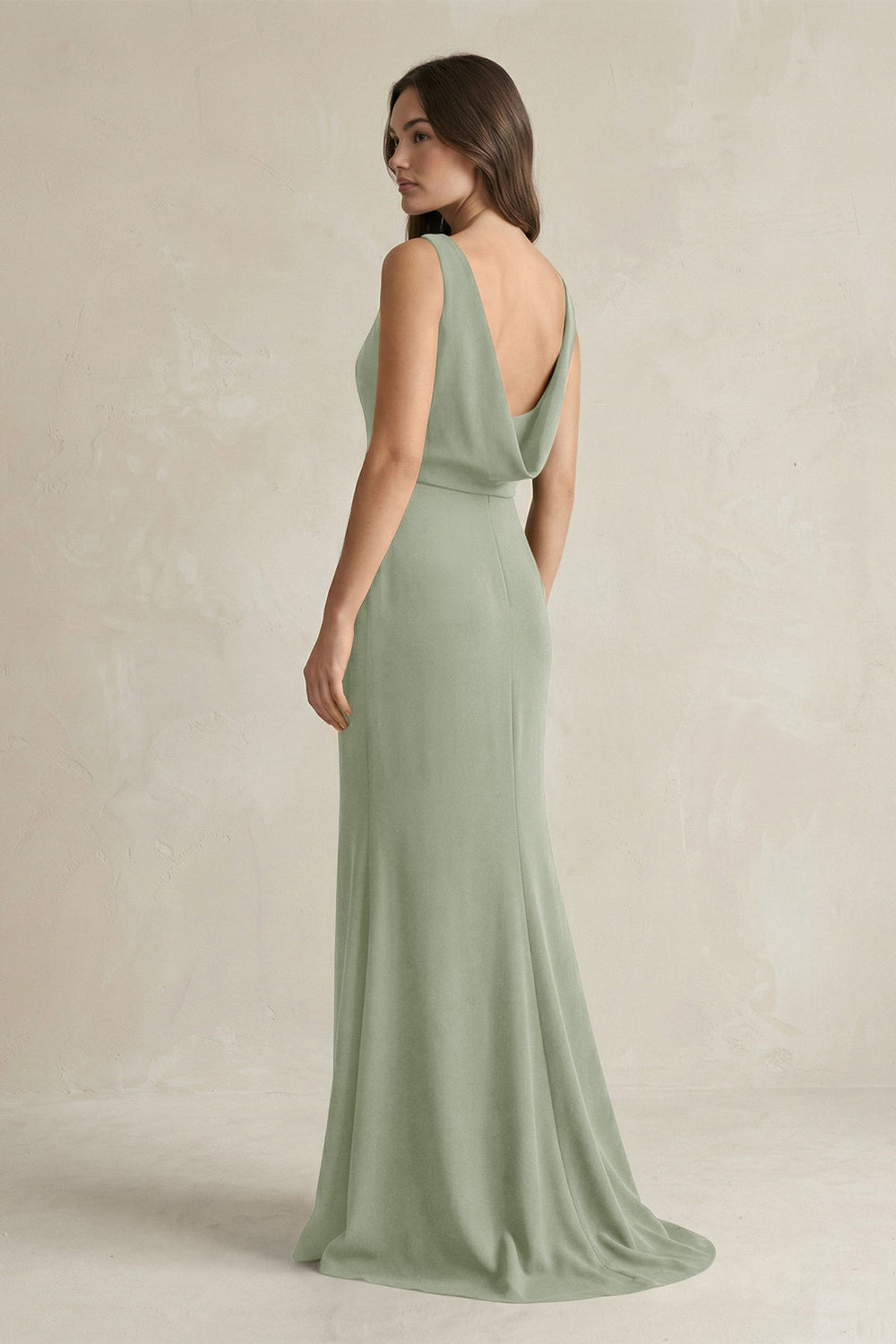 V-Neck Sheath Satin Maxi Bridesmaid Dress in Dove Gray