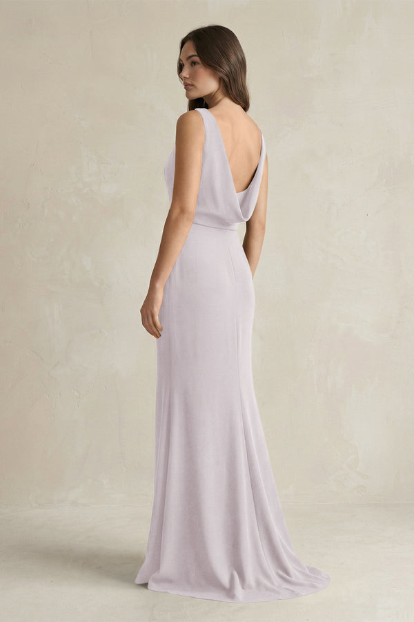 V - Neck Sheath Satin Maxi Bridesmaid Dress in Dusk - KISS BRIDAL Bridesmaid Dresses