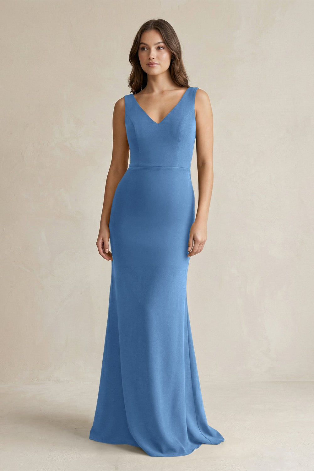 V-Neck Sheath Satin Maxi Bridesmaid Dress in Dusty Blue