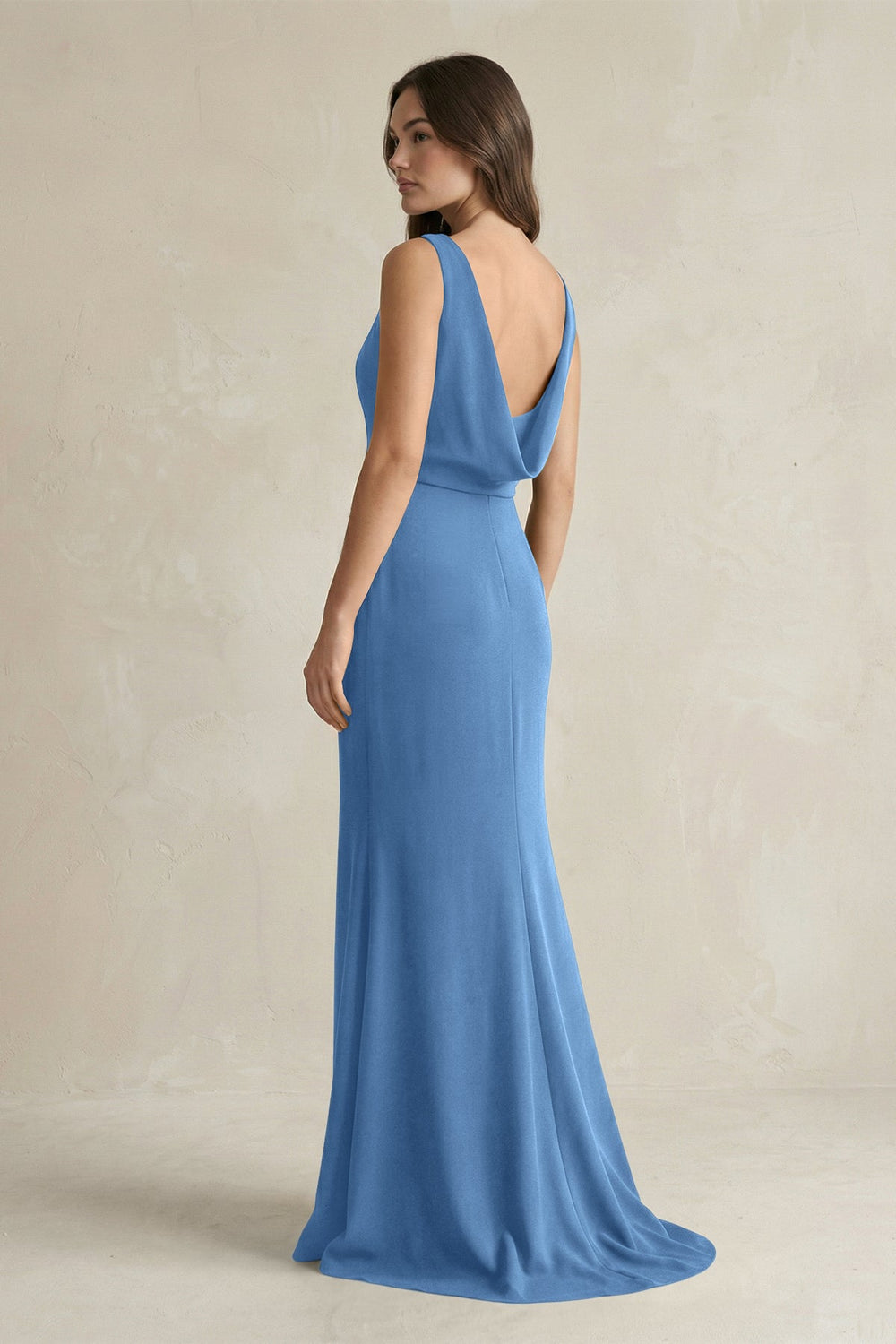V-Neck Sheath Satin Maxi Bridesmaid Dress in Dusty Blue